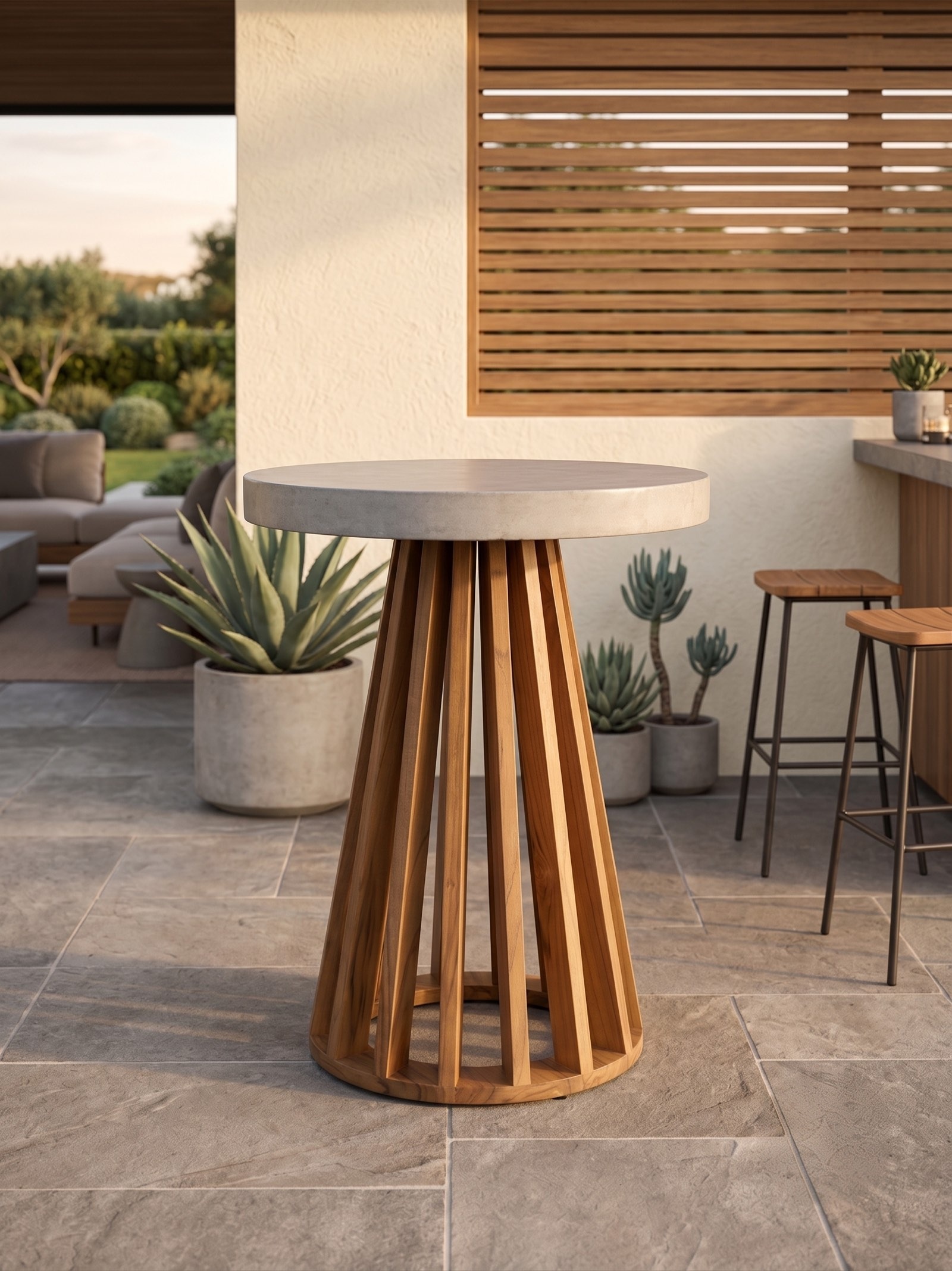 Mesa de exterior con base de madera y cubierta de microcemento fabricada por Pigmentum