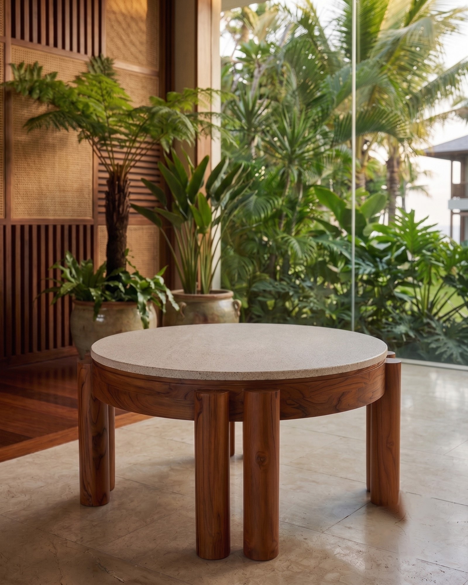 Mesa de madera sólida con cubierta de granito natural fabricada a medida por Pigmentum
